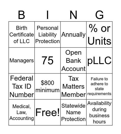 LLC Bingo Card