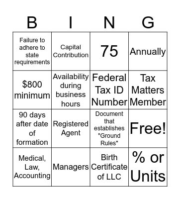 LLC Bingo Card