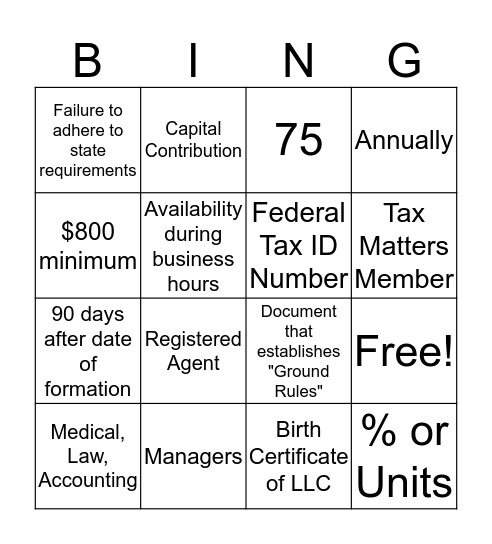 LLC Bingo Card