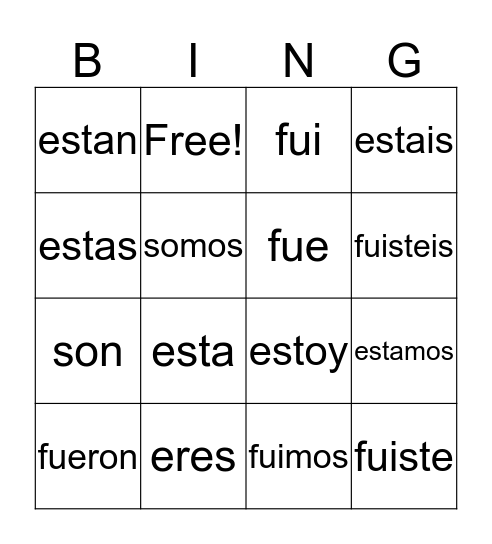 Estar, Ir, and Ser Spanish Conjugations Bingo Card