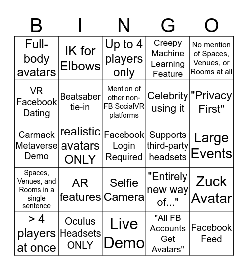 Facebook Social VR Announcement Bingo Card