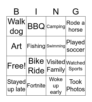 Summer Time Bingo Card