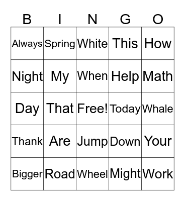 Word Bingo Card