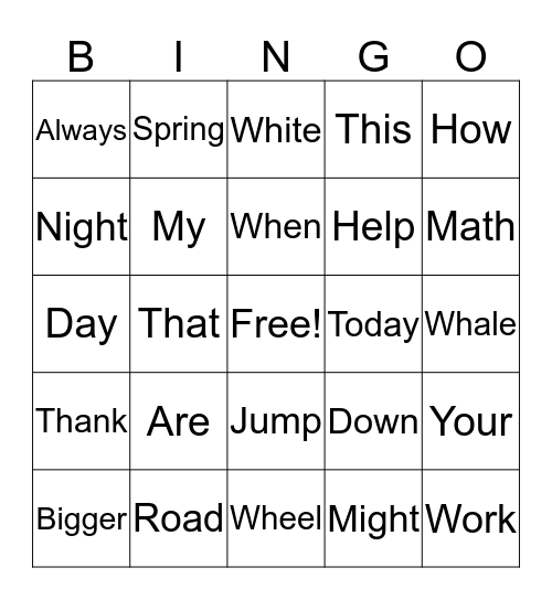 Word Bingo Card