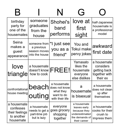 Terrace House Bingo Card