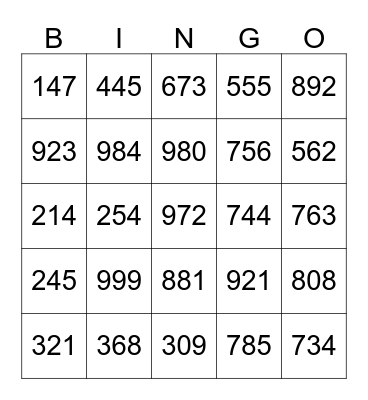 Number Recognition  Bingo Card