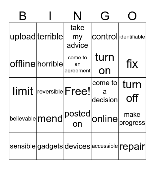 Vocabulary Words Unit 1 Bingo Card