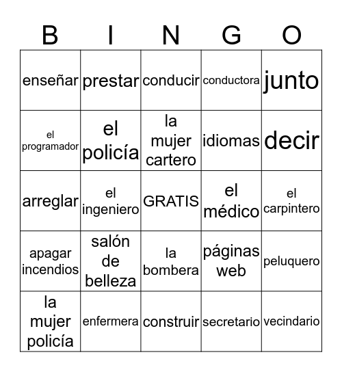 Vocabulario: Sp2Ch2 Bingo Card