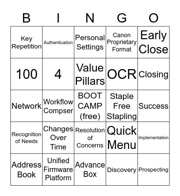 Canon Sales Boot Camp Bingo Card