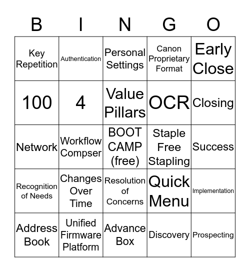Canon Sales Boot Camp Bingo Card