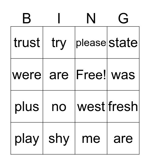 Spelling List 3 Bingo Card