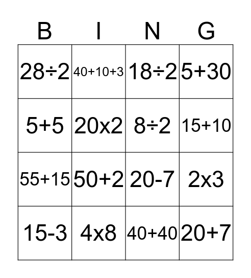 BODMAS Bingo Card