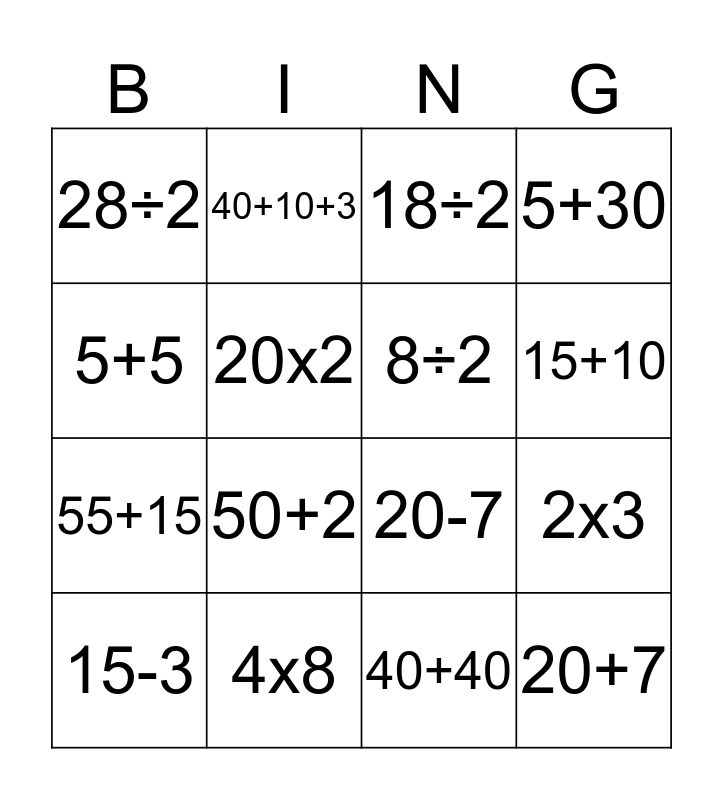 bodmas bingo card