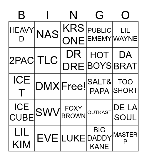 TRAP BINGO 90'S RAP & R& B Bingo Card