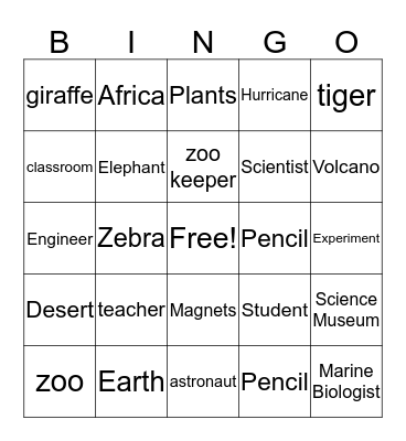 Science Nouns Bingo Card