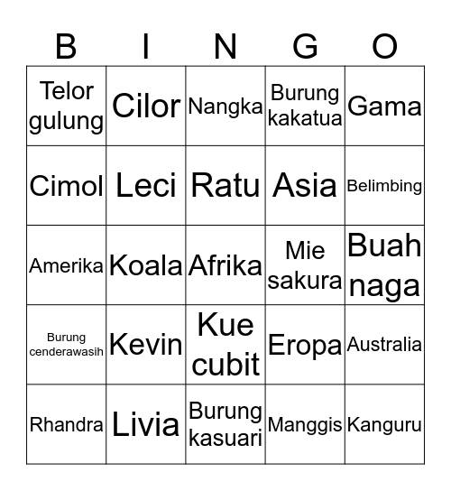 Kevin Bingo Card