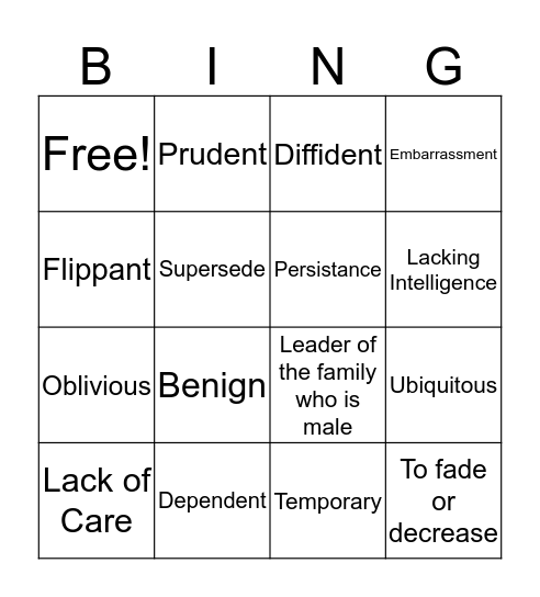 Vocab Bingo  Bingo Card