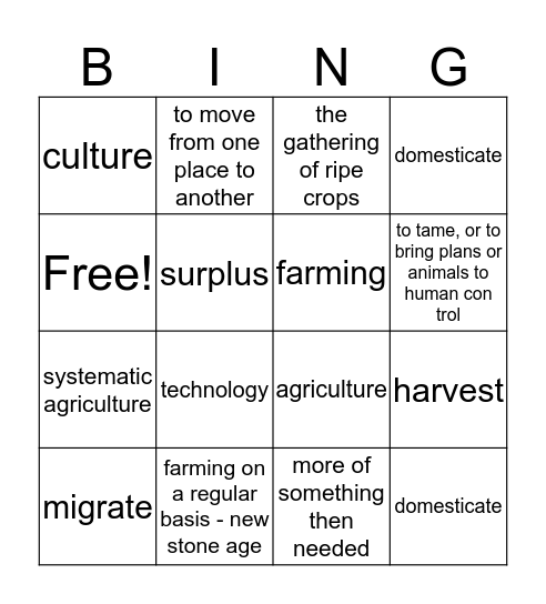 neolithic age  Bingo Card