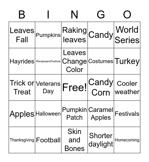 Fall bingo Card