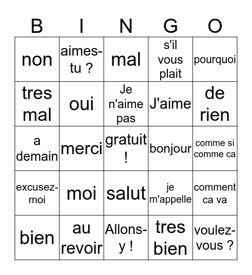 Je parle français ! Bingo Card