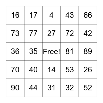 NUMBER Bingo Card
