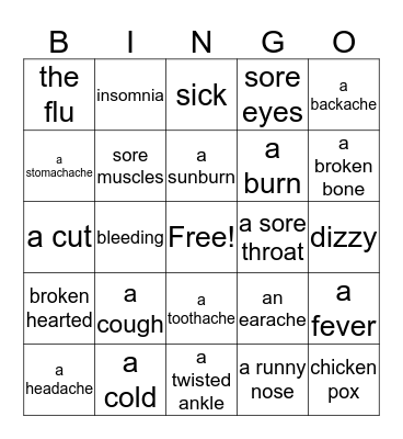 Health Problems Bingo Card