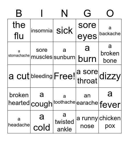 Health Problems Bingo Card