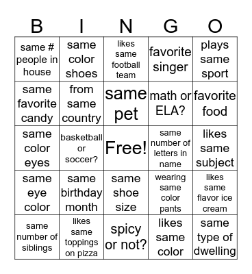 Just Like Me Bingo Card