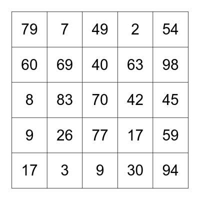 NUMBER Bingo Card