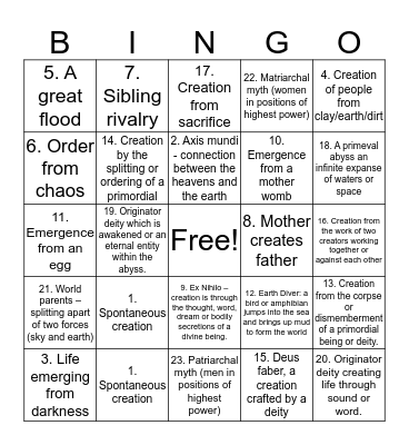Creation Myth Bingo Card