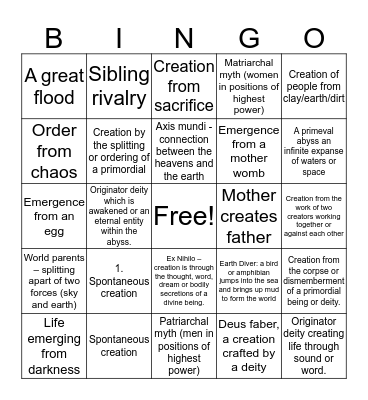 Creation Myth Bingo Card