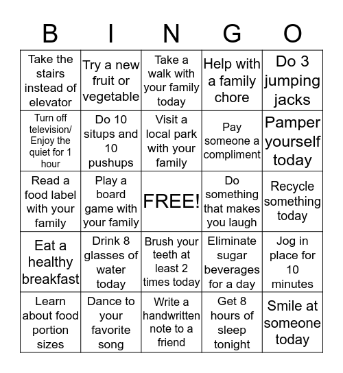 Keller ISD Healthy Bingo Challenge Bingo Card