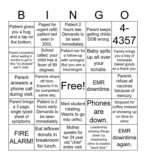 Clinic Bingo Card