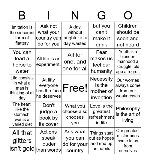 Aphorism Bingo Card