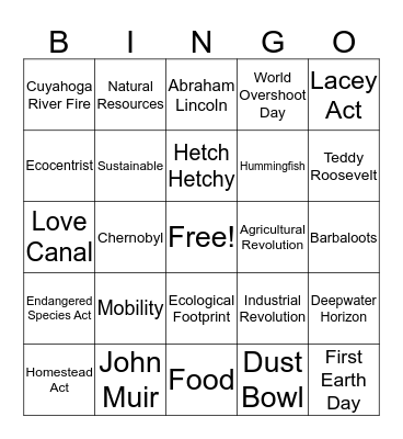 Environmental Science - Unit 1 Review Bingo Card