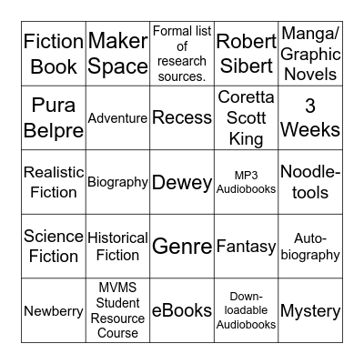 MVMS Library Bingo Card