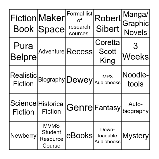 MVMS Library Bingo Card