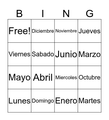 Days of the week  Bingo Card