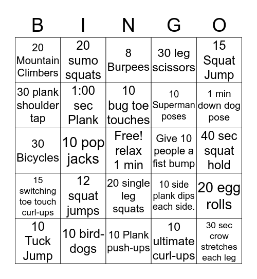 Killer Exercise Bingo Card