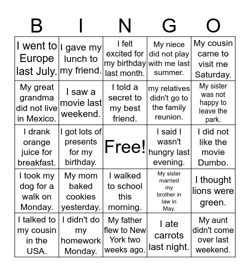 past tense bingo Card