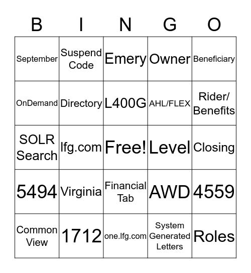 Systems Bingo Card