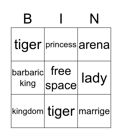 The tiger and the lady Bingo Card