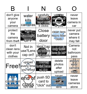 Camera Safety Bingo Card