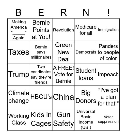 Presidential Primary Debate 2019 Bingo Card