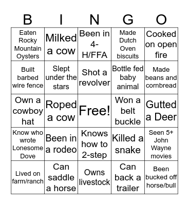 Western Theme Bingo Card
