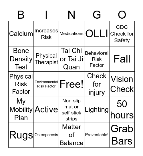 Fall Prevention!  Bingo Card