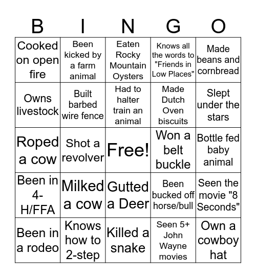 Western Theme Bingo Card