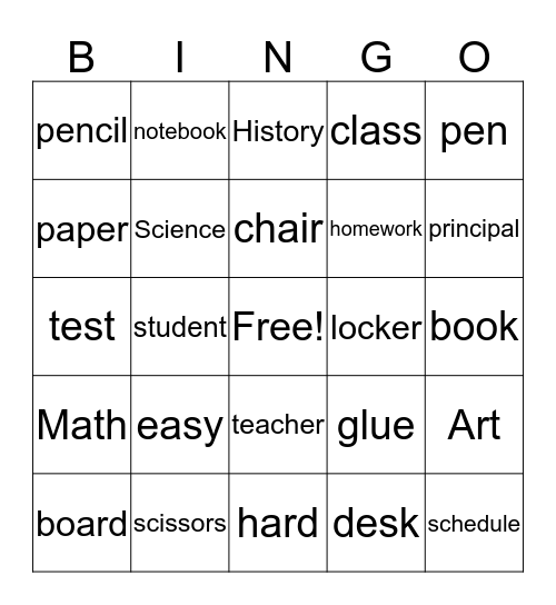 Things in A School Bingo Card