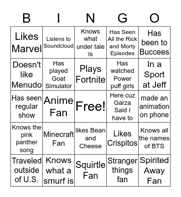 Animation Bingo Card