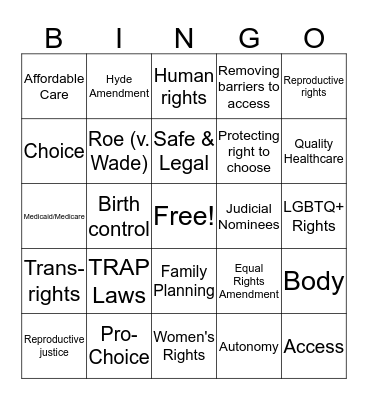 Democratic Debate: Reproductive Justice Bingo Card